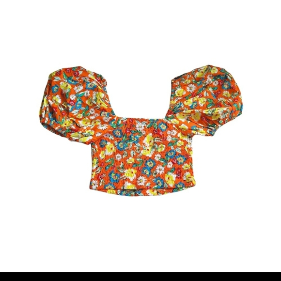 Zara Tops Zara Orange Floral Puff Sleeve Crop Top Poshmark